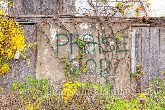 Abandoned building with the words “Praise God” spray-painted on the front of the building; building overgrown with vines; located at Kingston in Ulster County, New York.