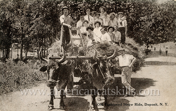 Vintage postcard titled "Old Fashioned Straw Ride, Deposit, N. Y."