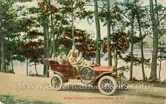 Vintage postcard titled "Auto Livery, Lake Huntington, N. Y."