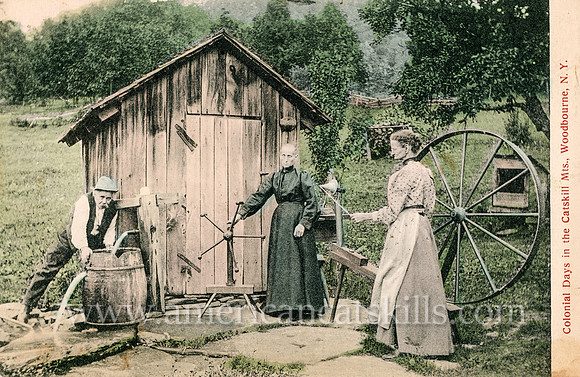 Vintage postcard titled "Colonial Days in the Catskill Mts., Woodbourne, N. Y."