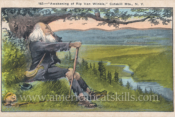 Vintage Catskills postcard depicting Rip Van Winkle as he awakens from his 20-year nap.