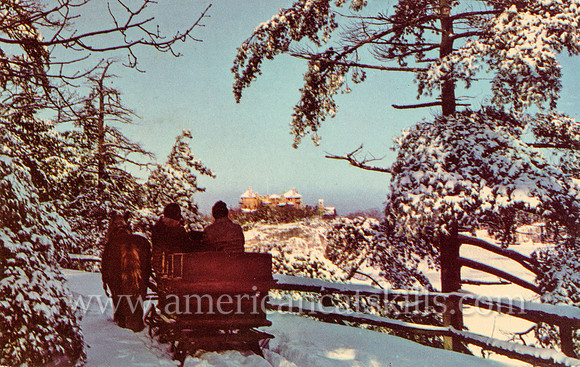 Vintage postcard titled "Winter Scene, Mohonk Mountain House, New Paltz" by photographer Ruth H. Smiley.