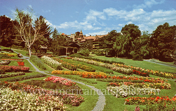 Vintage postcard titled "View of Gardens and Mohonk Mountain House, Mohonk Lake" by photographer Ruth H. Smiley.