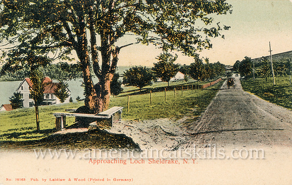 Vintage postcard titled "Approaching Loch Sheldrake, N. Y." by the photographic firm of Laidlaw & Wood of Hurleyville, New York.