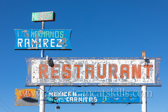 Ghost sign and abandoned restaurant named “Los Hermanos Ramirez” along historic Route 66 (East Amarillo Boulevard) in Amarillo, Texas.