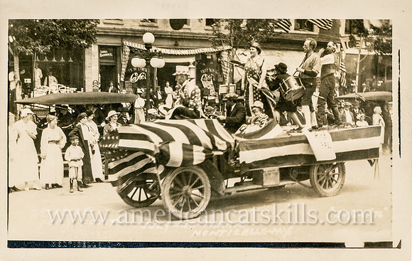 Vintage postcard titled "Boys of 76, 2nd Prize - Fancy Float, July 4th Parade, Monticello, N. Y." published by photographer Howard P. Thompson of Monticello, New York.