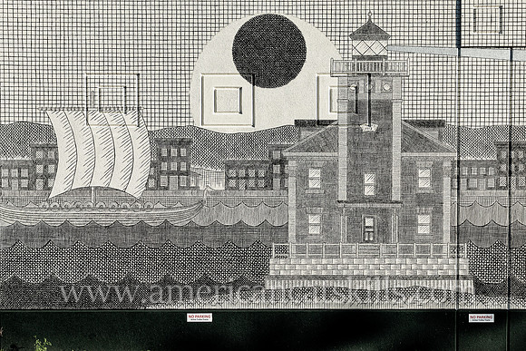 Mural by Matthew Pleva at the Riverport Wooden Boat School in the Rondout District of Kingston, New York depicting the Rondout Lighthouse, buildings of the Strand, a Viking ship, small boat fishermen
