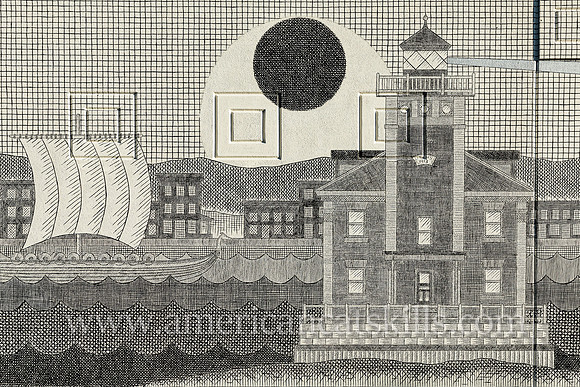Mural by Matthew Pleva at the Riverport Wooden Boat School in the Rondout District of Kingston, New York depicting the Rondout Lighthouse, buildings of the Strand, a Viking ship, small boat fishermen