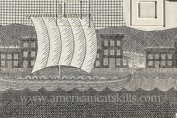 Mural by Matthew Pleva at the Riverport Wooden Boat School in the Rondout District of Kingston, New York depicting the Rondout Lighthouse, buildings of the Strand, a Viking ship, small boat fishermen