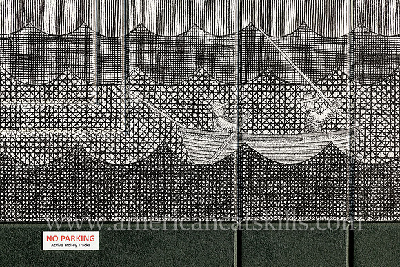 Mural by Matthew Pleva at the Riverport Wooden Boat School in the Rondout District of Kingston, New York depicting the Rondout Lighthouse, buildings of the Strand, a Viking ship, small boat fishermen