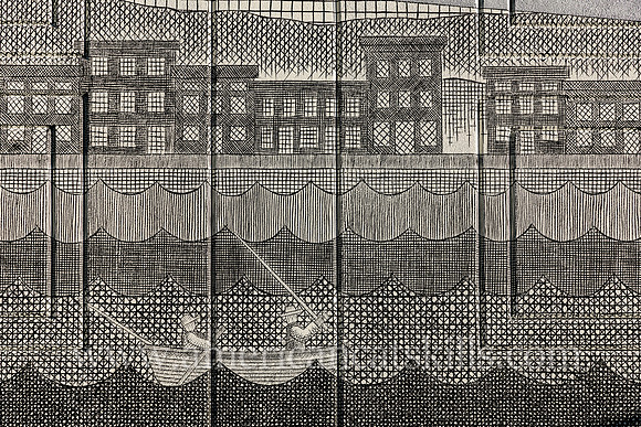 Mural by Matthew Pleva at the Riverport Wooden Boat School in the Rondout District of Kingston, New York depicting the Rondout Lighthouse, buildings of the Strand, a Viking ship, small boat fishermen