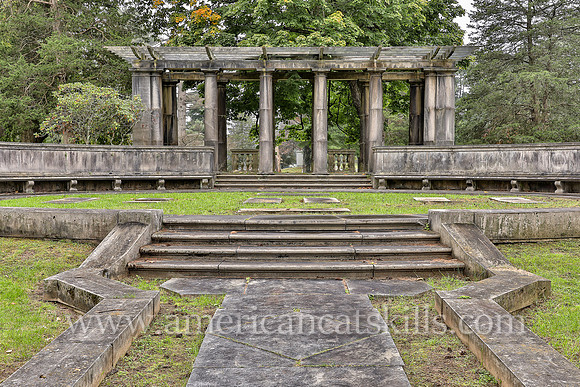 TFamily plot for the Coykendall family that includes a pergola, stone steps and stone walls at the Montrepose Cemetery in Kingston, New York.