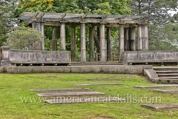 Family plot for the Coykendall family that includes a pergola, stone steps and stone walls at the Montrepose Cemetery in Kingston, New York.