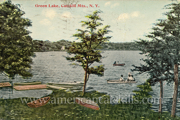 Vintage postcard titled "Green Lake, Catskill Mts., N.Y." that was published by Jos. McGiffert & Son.