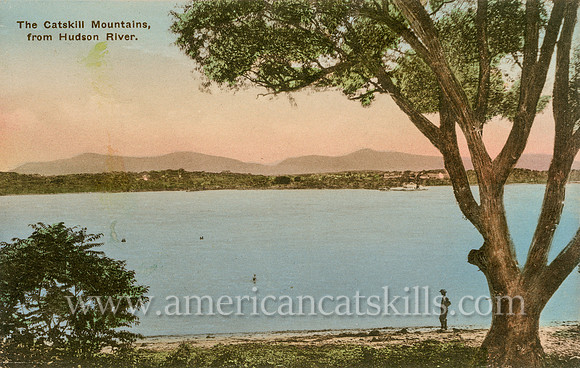 Vintage postcard with the Hudson River and the Catskill Mountains in the background.