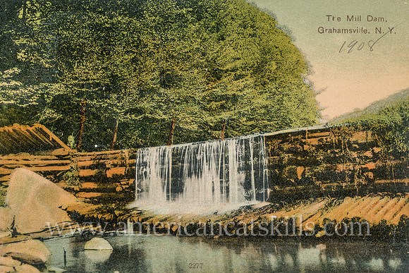 Vintage Catskills postcard titled "The Mill Dam, Grahamsville, NY" published by George E. Carry.