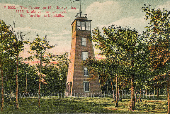 Vintage postcard with a view of the tower on the summit of Mt Utsayantha, located near Stamford in the northern Catskills.