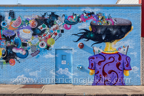 The vibrant and imaginative mural known as Fishbone, painted by Eugene Stetz, Jr., adorns the side of People’s Place in midtown Kingston.