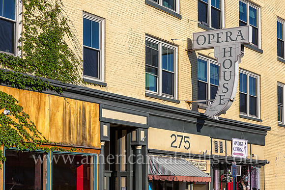 The Opera House building, with a vintage sign on the façade, is located in the Stockade District of Kingston, New York.