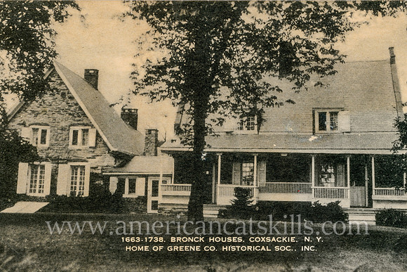 Vintage postcard titled "1663-1738. Bronck Houses, Coxsackie, NY" in Coxsackie, New York.