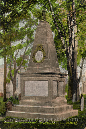 Vintage postcard of the obelisk monument to George Clinton, General, Governor and Vice President, which is located at the Old Dutch Church at Kingston in Ulster County, New York.