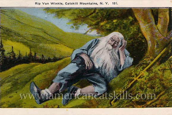 Vintage Catskills postcard depicting Rip Van Winkle as he takes his 20-year nap.