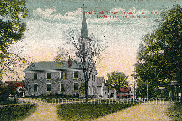 Vintage Catskills postcard of the Old Dutch Reformed Church at Leeds, New York.