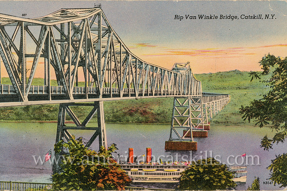 Vintage postcard of the Rip Van Winkle Bridge as it spans the Hudson River near the village of Catskill, New York.