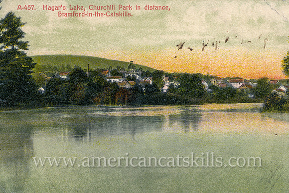 Vintage postcard of Hagar’s Lake and Churchill Park at Stamford in Delaware County, New York.