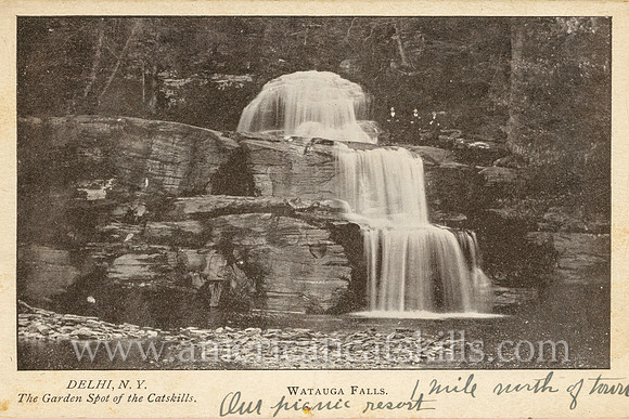 Vintage postcard of Watauga Falls at Delhi in Delaware County, New York.