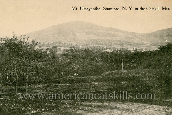 Vintage Catskills postcard with a view of Mount Utsayantha at Stamford in Delaware County, New York.