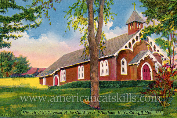 Vintage Catskills postcard of the St. Theresa of the Child Jesus church at Windham in Greene County, New York.