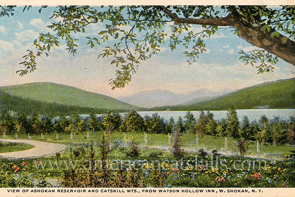 Vintage Catskills postcard depicting a view from Watson Hollow Inn at West Shokan of the Ashokan Reservoir and the surrounding mountains.