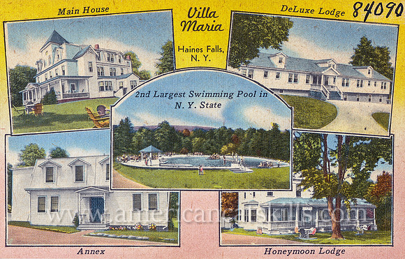 Vintage Catskills postcard of the now abandoned Villa Maria resort at Haines Falls in Ulster County, New York.