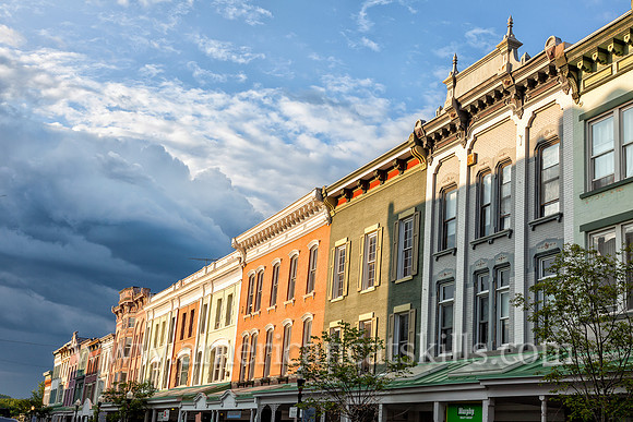 Photograph of a row of historic building facades in the Stockade District of Kingston, New York.