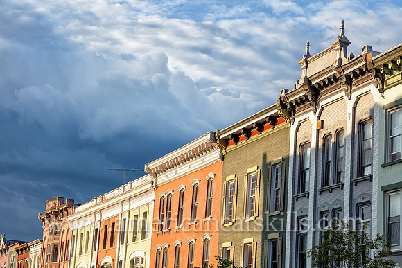 Photograph of a row of historic building facades in the Stockade District of Kingston, New York.