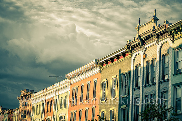 Photograph of a row of historic building facades in the Stockade District of Kingston, New York.