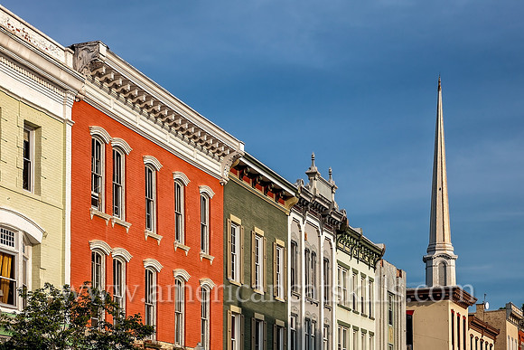 Photograph of a row of historic building facades in the Stockade District of Kingston, New York.