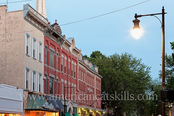 Photograph of Wall Street in the historic Stockade District of Kingston, New York at twilight.