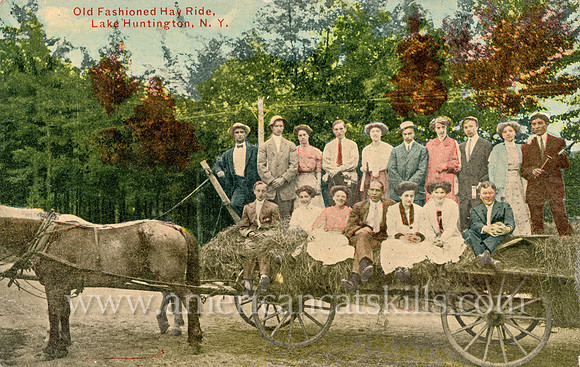 Vintage postcard titled "Old Fashioned Hay Ride, Lake Huntington, N. Y."