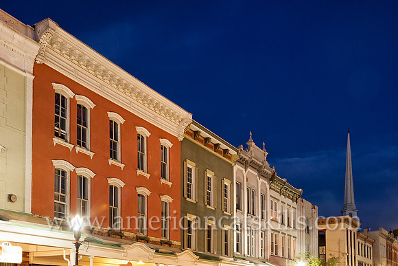Photograph of Wall Street in the historic Stockade District of Kingston, New York at night.