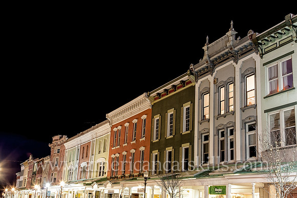 Photograph of Wall Street in the historic Stockade District of Kingston, New York at night.