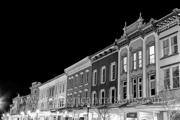 Photograph of Wall Street in the historic Stockade District of Kingston, New York at night.