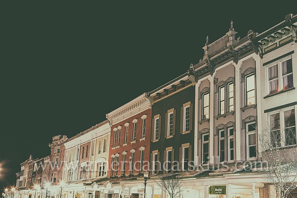 Photograph of Wall Street in the historic Stockade District of Kingston, New York at night.