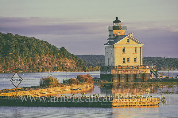 The beautiful Rondout Lighthouse at Kingston, New York is located along the Hudson River to mark the entrance and tidal flats of the Rondout Creek.