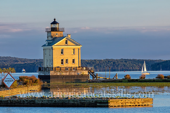 The beautiful Rondout Lighthouse at Kingston, New York is located along the Hudson River to mark the entrance and tidal flats of the Rondout Creek.