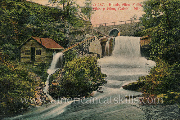 Vintage postcard that depicts the beautiful Shady Glen Falls at Shady Glen, Greene County in the Catskill Mountains.