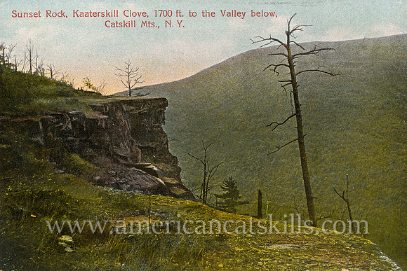 Vintage postcard published by Hugh C. Leighton depicting Sunset Rock and its views over Kaaterskill Clove in the Catskill Mountains.