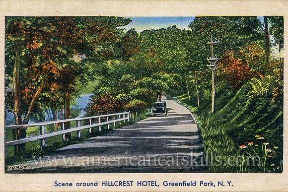 This beautiful postcard depicts an idyllic country road near the Hillcrest Hotel at Greenfield Park in Ulster County, New York.