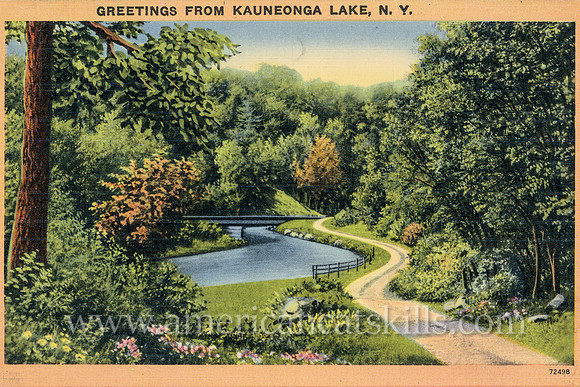 This vintage postcard depicts a charming country in Kauneonga Lake, New York as a small unpaved road makes its way along a river and through the woodlands.